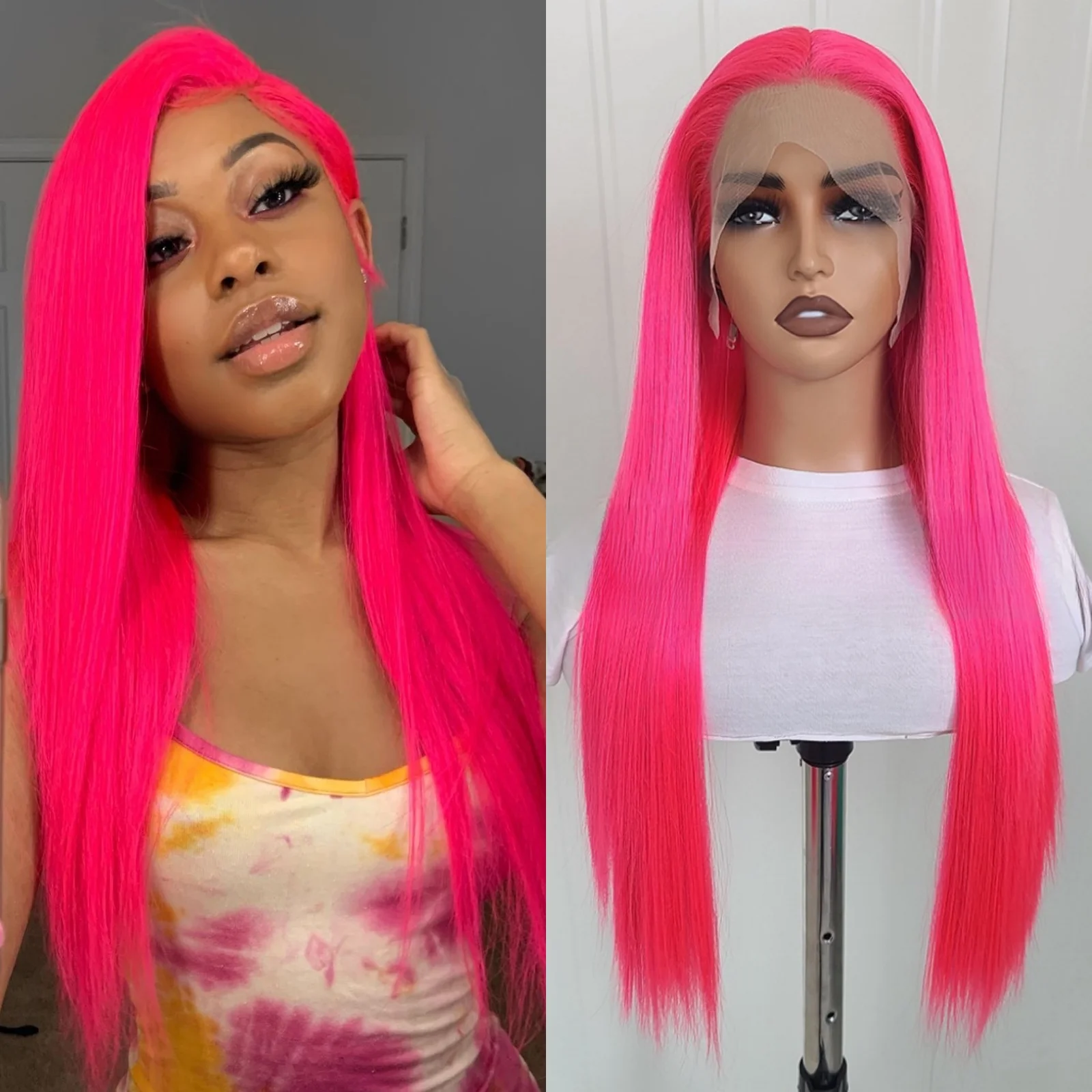 Hot Pink Wig Long Straight Synthetic Lace Front Wig Glueless Frontal Colored Rose Red Hair Lace Wigs for Women Party Cosplay