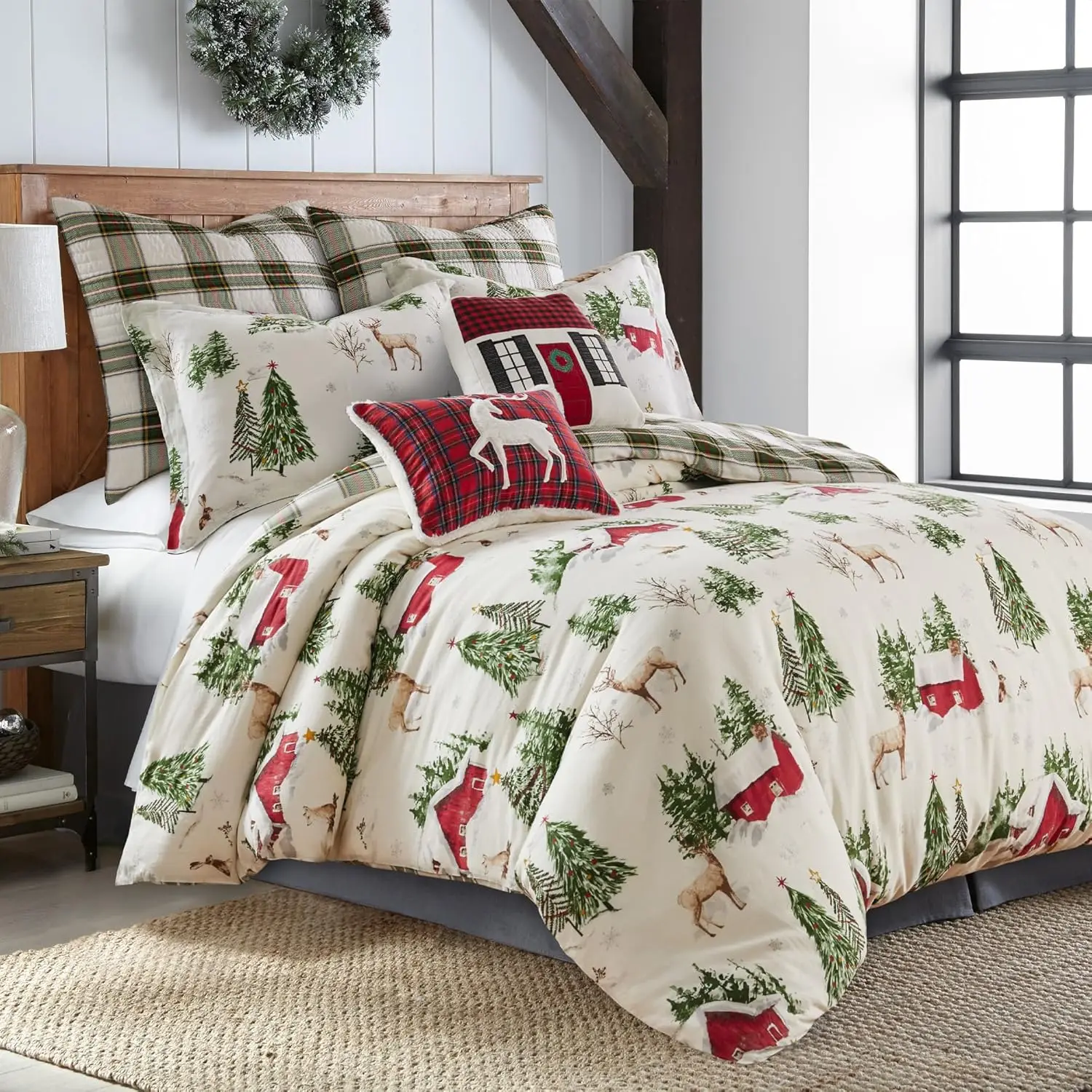 Tatum Pines Comforter Set  King Comforter + Two King Pillow Cases  Christmas Cabin  Red, Green, Brown, White  Comforter