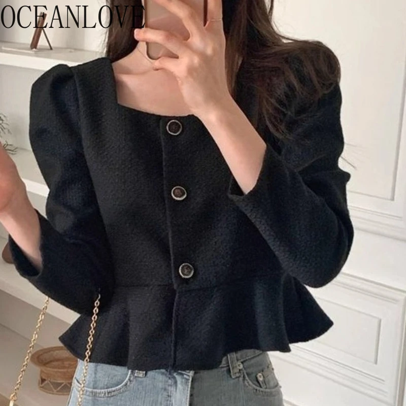

Draweye Black Shirts&blouses Women Tops Ruffles Spring Autumn Square Neck Blusas Mujer Korean Fashion Chic Elegant Camisas