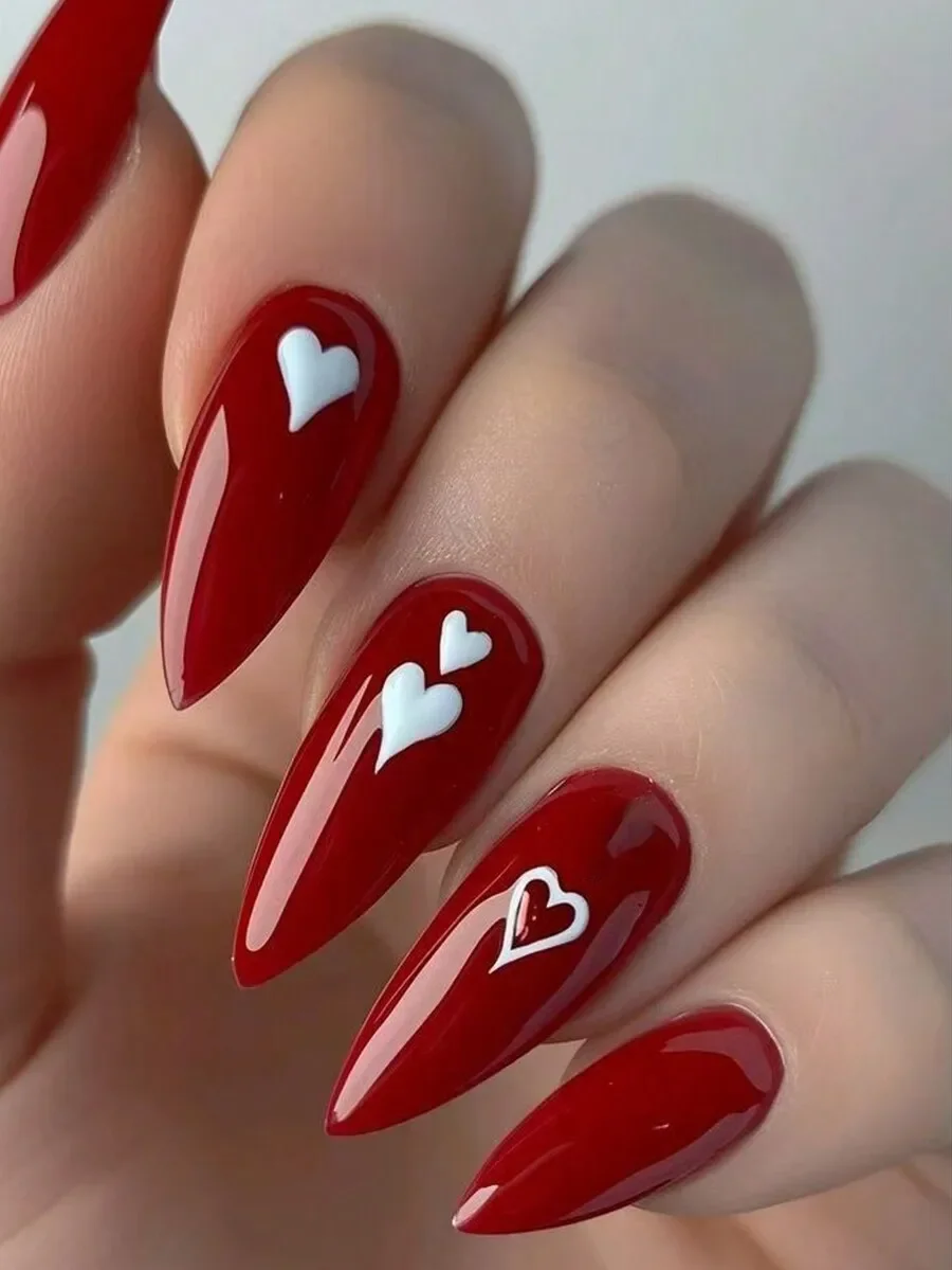 

Valentines Nails 24Pcs Red & White Heart Shaped Glossy Short/Mid Length False Nails, Elegant Valentine'S Day Nail Stickers With