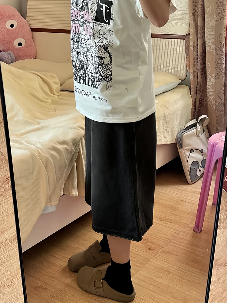 Cintura alta perna larga jeans feminino sle sete pés bla denim casual cintura alta solto ajuste anti-rugas jeans de verão