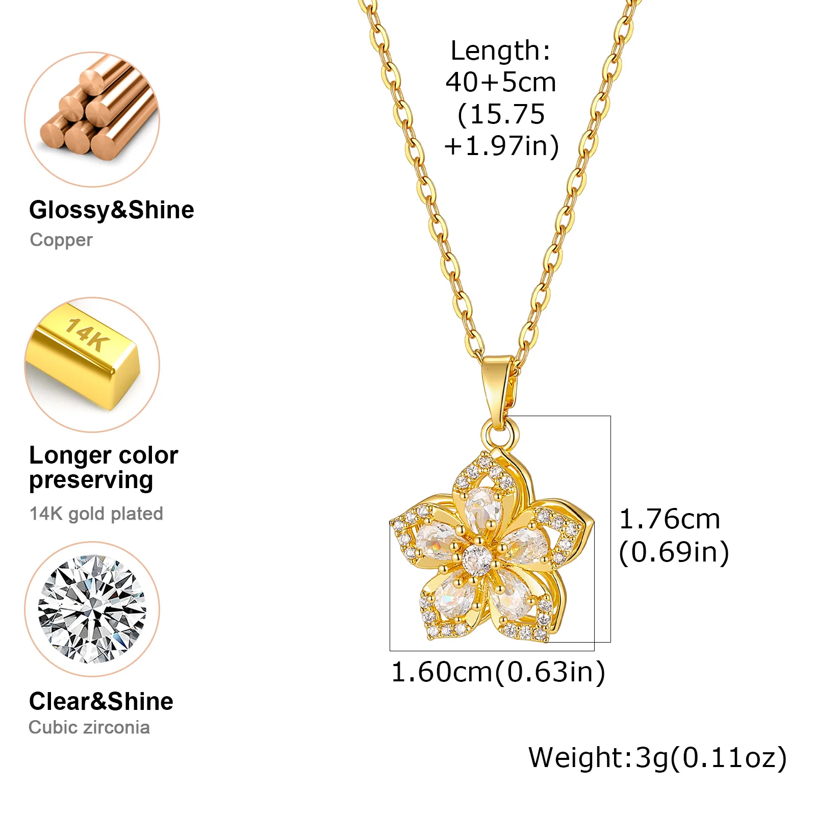 Vnox Chic Gold Plated Copper Flower Pendant Necklace for Women, Rotating Five Petal Shiny Zircon Collares Choker Wedding Jewelry