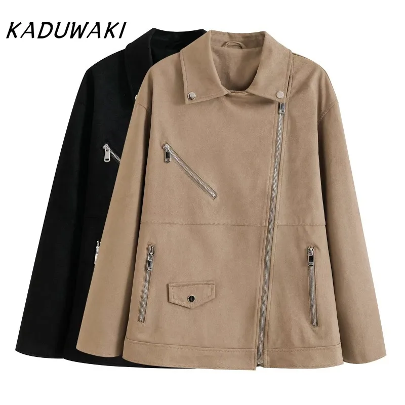 

KADUWAKI Y2k Spring Autumn Casual Lapel Suede Coats Vintage Long Sleeve Jacket Fashion Female Outwear with Pocket Women Clothing