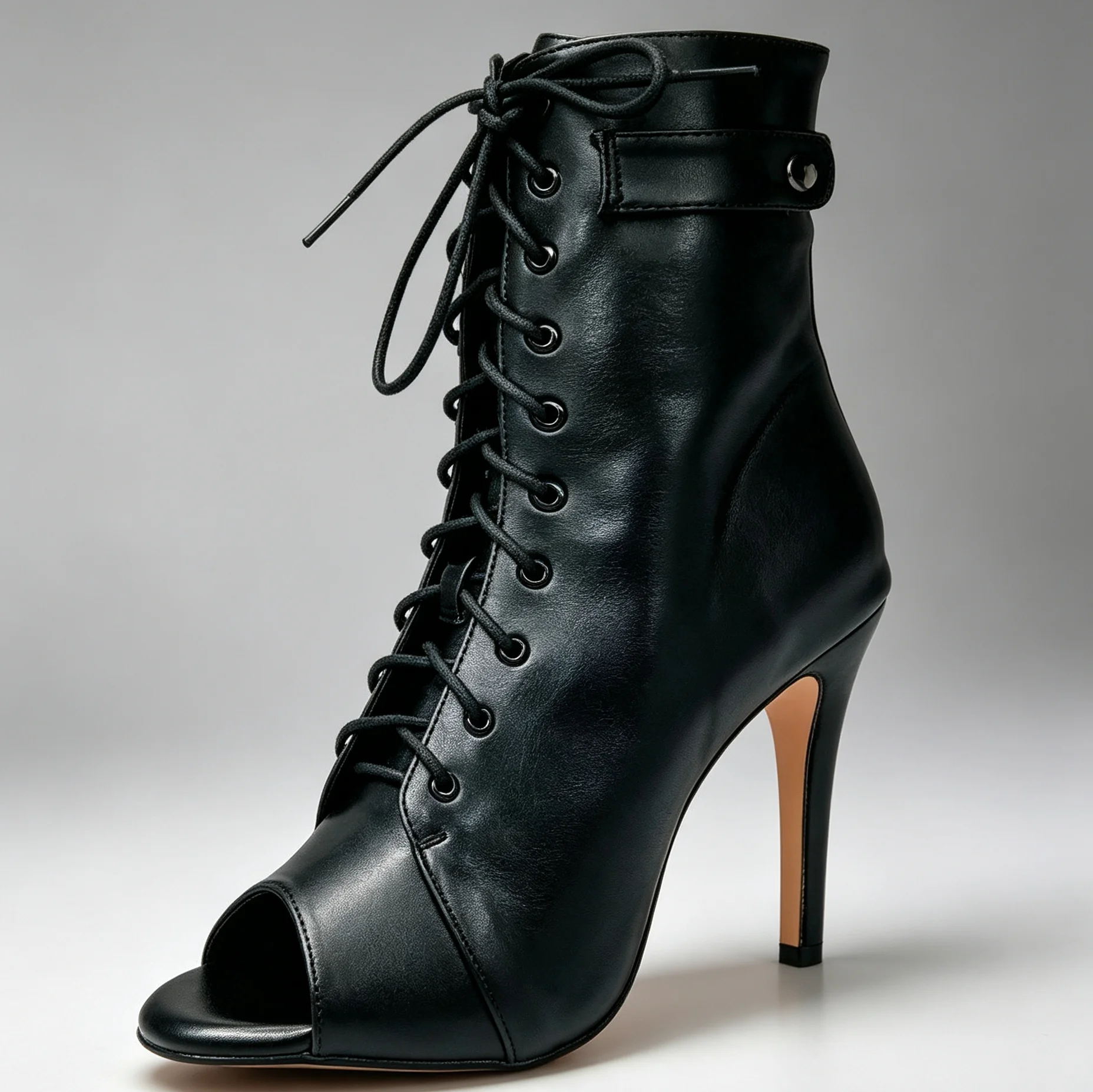 Women's Black Leather Peep Toe Lace-Up Stiletto Ankle Dance Boots for Latin Salsa Ballroom Jazz Training Wedding Party Booties
