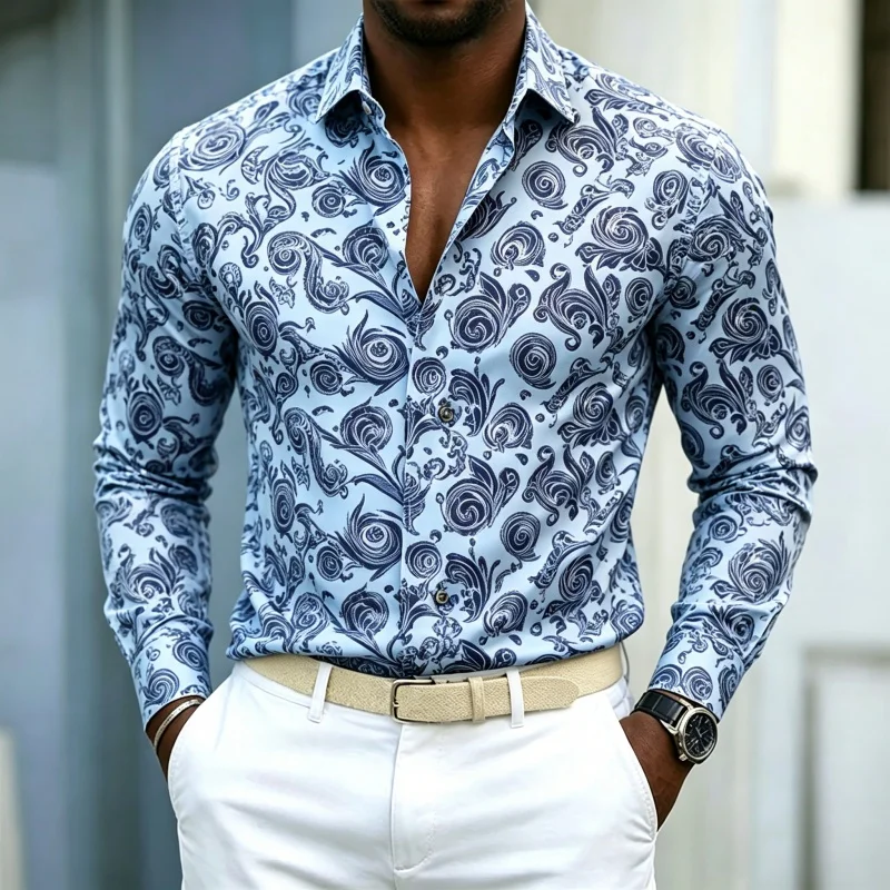 2026 New Men's Shirt Retro Rose Shirt Blue Bottom Gold Red Rose Printed Men's Slimming Long Sleeve Shirt Street Style Men's Wear