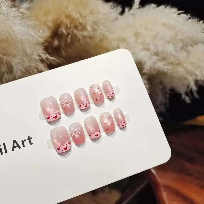 10pcs Handmade Nails Short Ballet-style Butterfly Heart and Cat-eye Designs High-quality Press-on Nails Perfect for Girls