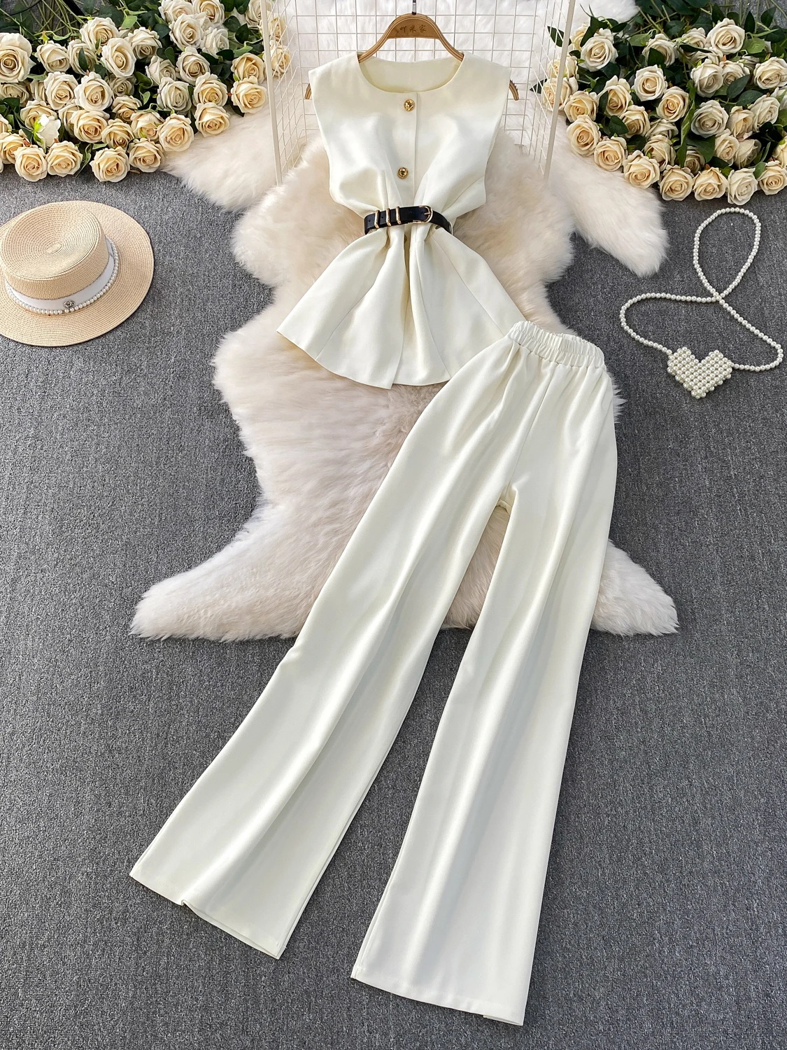 

Ele Lady Sle Костюм на одной пуговице Slim Fit круглый жилет Ne Svel Топ с высокой талией Широкие брюки Комплект из двух предметов
