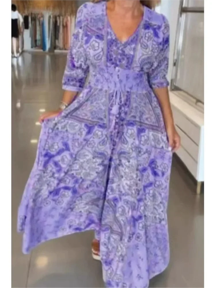 Nice Women Floral Print Boho Long Dress Casual V-Neck Half Sleeve Loose Holiday Beach Party Dresses Lady Elegant Vestidos