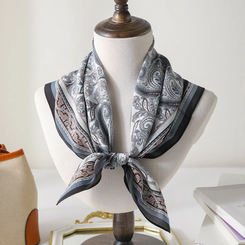 100% Mulberry Silk Scarf 65cm Vintage Paisley Print Real Silk Crepe Square Scarf Boho Earth Tone Neck Scarf Bandana