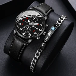 2PCS Men's Watch Fashion Arabic Dial Male Quartz Watches Casual Leather Band Wristwatches Bracelet Set