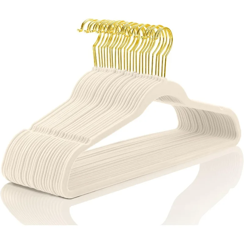 Premium Velvet Hangers Pack 50 Pcs Heavyduty - Non Slip Slimline - Velvet Suit Hangers Ivory - Gold Hooks