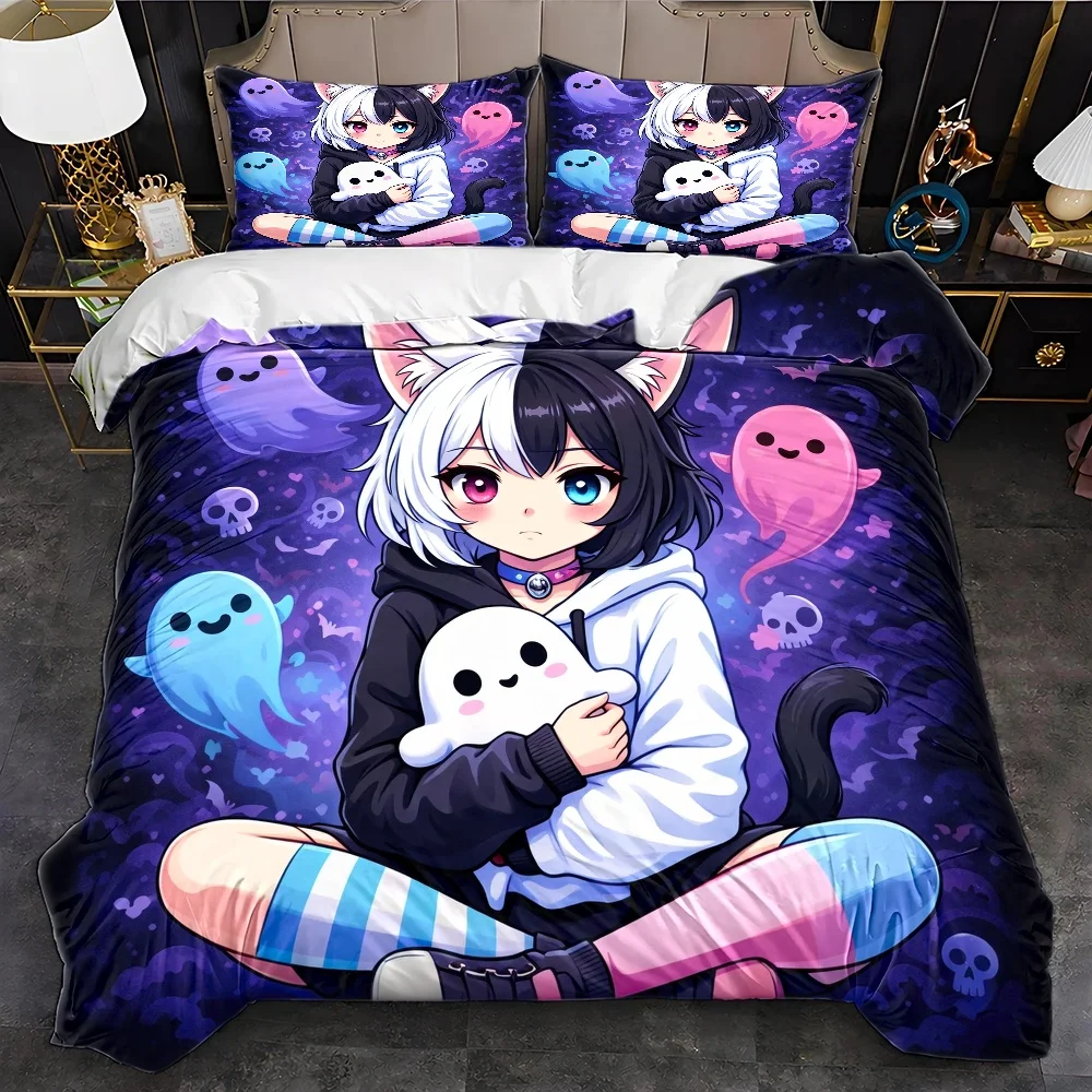 Cute 2D Anime Cat-Eared Girl Ghost Duvet Cover Set Multi Size Quilt Cover Queen Size Bedroom Bedding Decoration Machine Washable Adult Boy Girl Bedroom