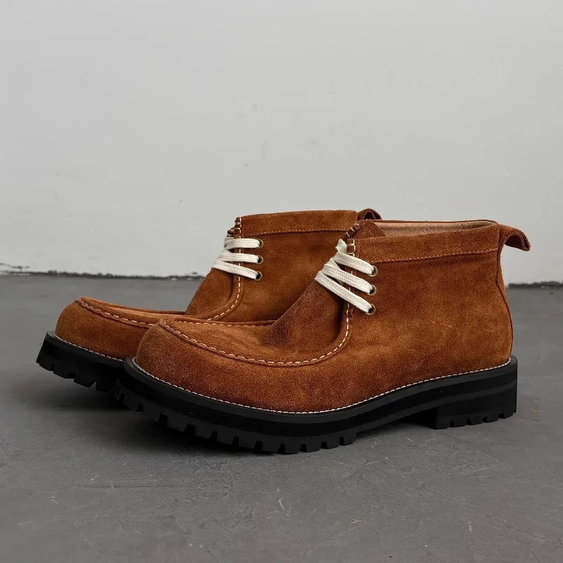 

New British Style Cowhide Casual Motorcycle Oxford Boots Men's Shoes Retro Genuine Leather Desert Boots Male Outdoor High Top