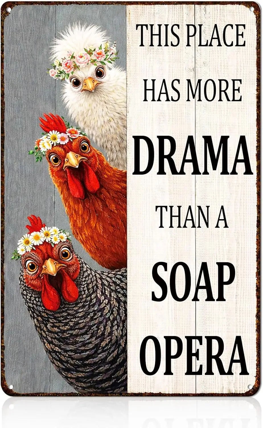 Funny Chicken Coop Tin Sign – “This Place Has More Drama Than a Soap Opera” Metal Chicken Coop Decor for Farm, Fence, Kitchen, o