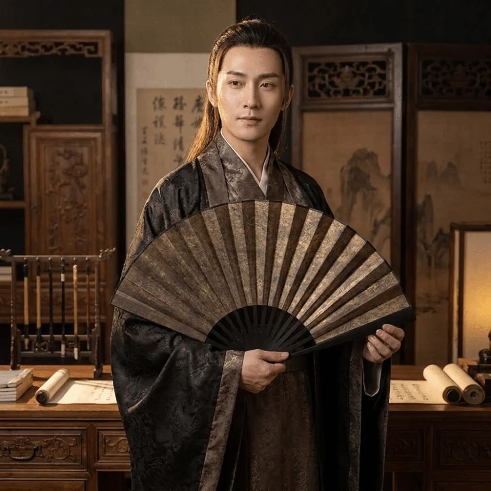 Antique Style Chinese Folding Fan Handwritten Calligraphy Gold-Flecked Surface Bamboo Folding Fan Portable DIY Dance Fan
