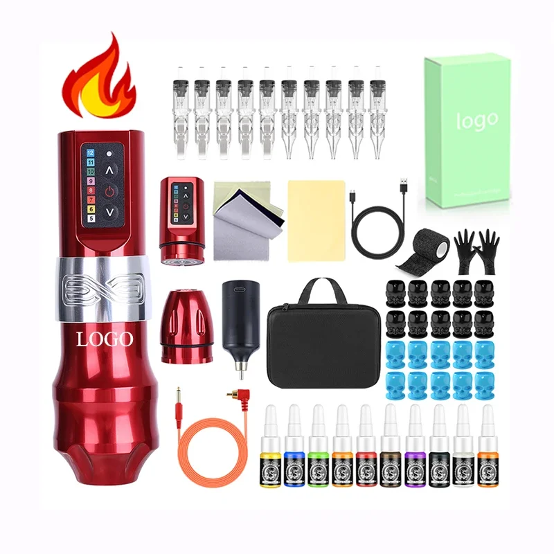 OEM 4mm Stroke Wireless Tattoo Machine Pen Professional Tattoo Gun Complete Full Kit Set with Cartridge Needle and Power Supply