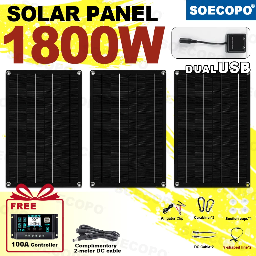 SOECOPO 1800W Portable Solar Panel Kit 3 Flexible Panels Free 100A Controller & 2-meter Extension Cable
