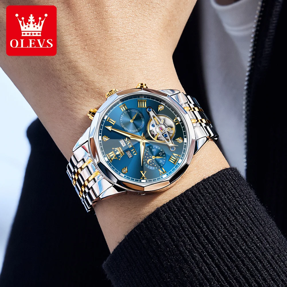 OLEVS 6620 นาฬิกาผู้ชายแบรนด์หรูนาฬิกากลไกอัตโนมัตินาฬิกากันน้ํา Moonphase นาฬิกา Flywheel นาฬิกาผู้ชาย Reloj Hombre