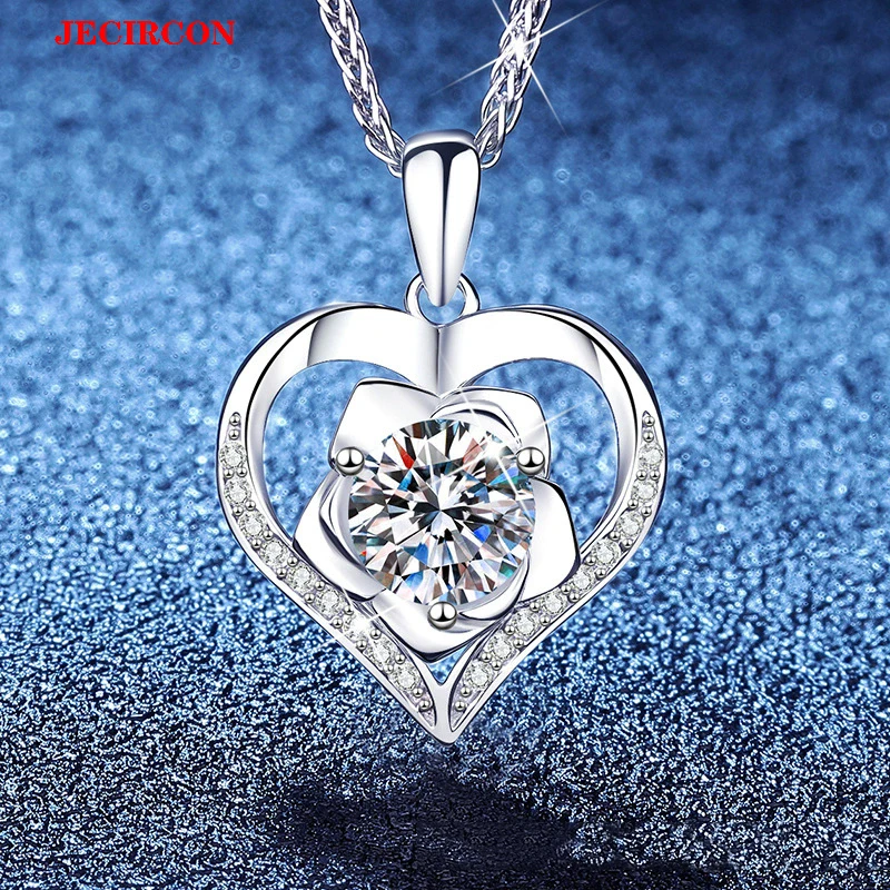 

JECIRCON 1CT Moissanite Heart Rose Pendant Necklace for Women, S925 Sterling Silver Chopin Chain, Elegant Trendy Fashion Jewelry