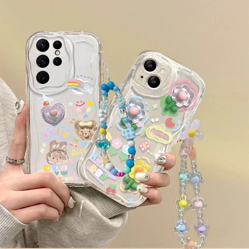 Lovely 3D Bear Flower Wrist Chain Case For Samsung Galaxy S26 Ultra S25 FE 5G S24 S22 S23 S21 S20 Plus Ultra Cute Phone Casing