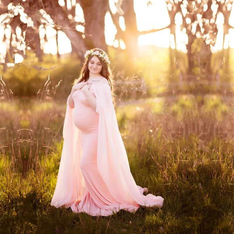 New Summer Maternity Photography Props Long Dress With Cape Slash Neck Stretchy Fitting Maternity Dresses For Photography