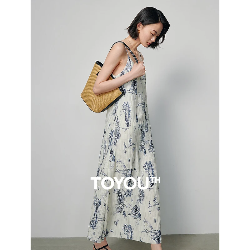 TOYOUTH Womens Suspender Dress 2024 Spring New Neo-Chinese Style Floral Pattern Female Sexy Holiday Sundress