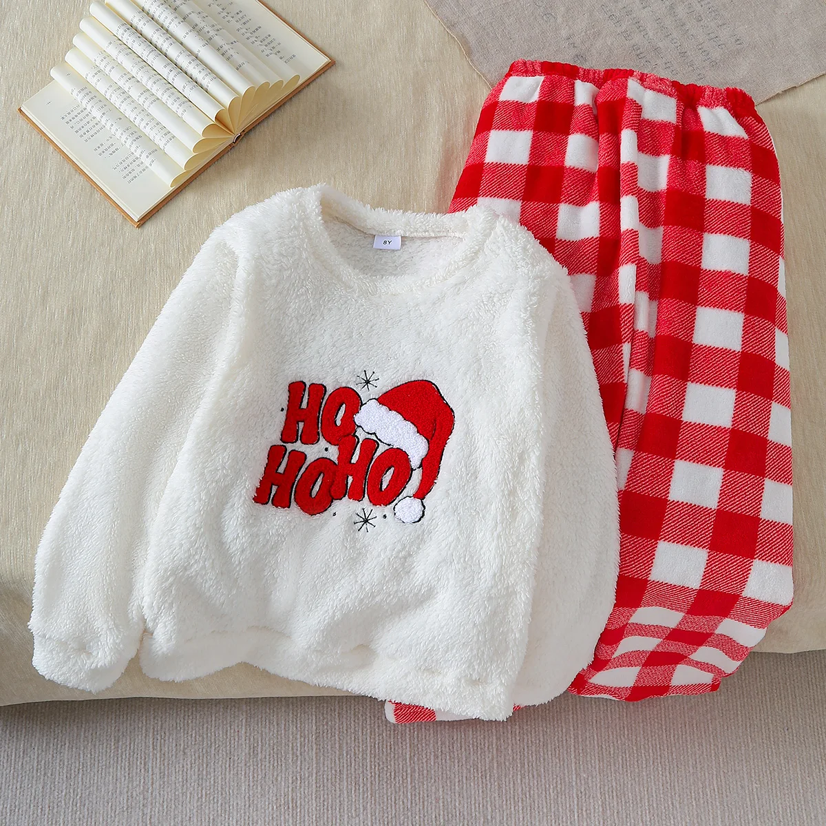 2Pcs Fall Winter Girls Christmas Outfit Set, Cute HOHO Santa Hat Embroidered Fleece Top + Red Buffalo Plaid Fleece Pants, Warm