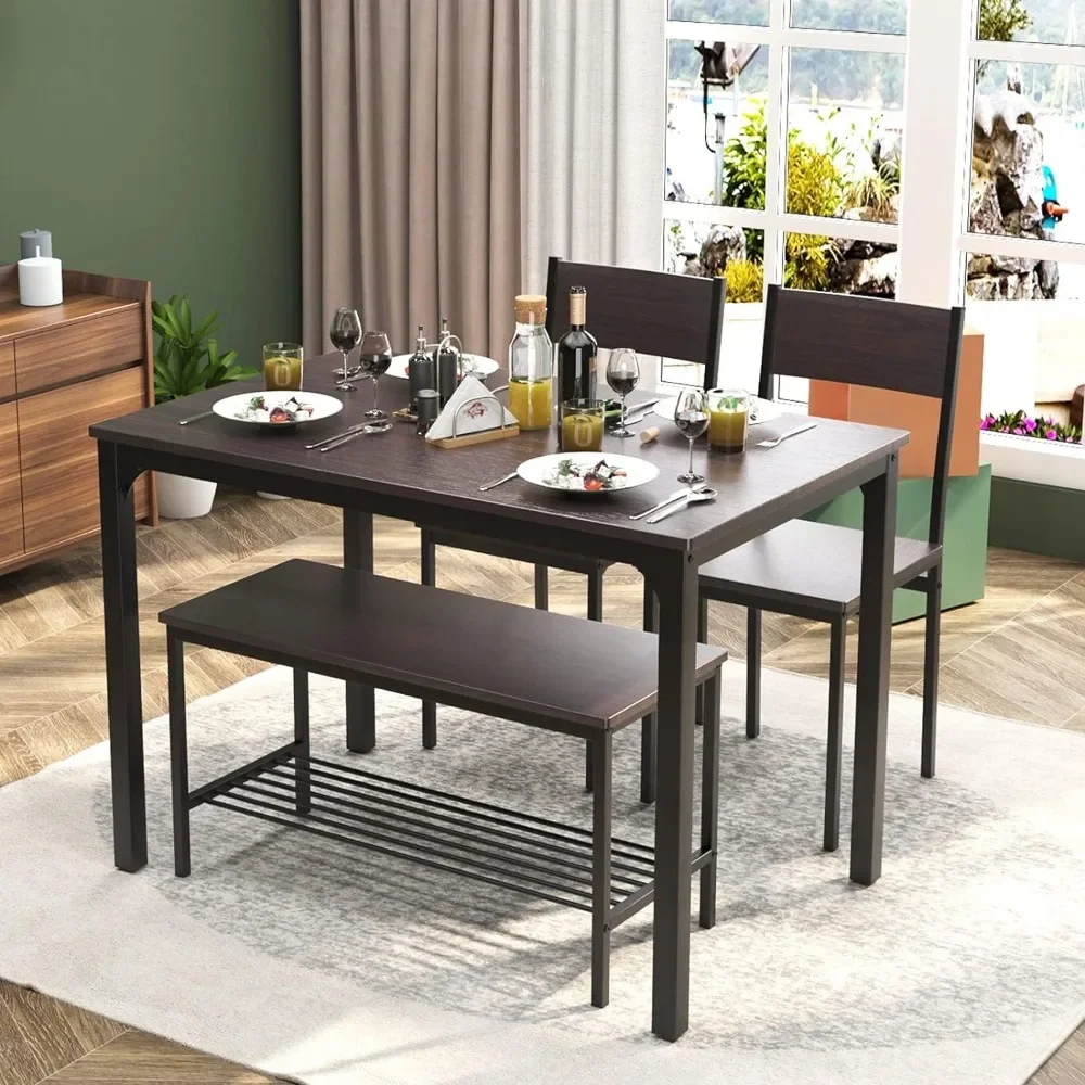 4 Person Dining Table Set,43.3 inch Kitchen Table Set for 4,2 Chairs with Backrest,2-Person Bench with Storage Rack