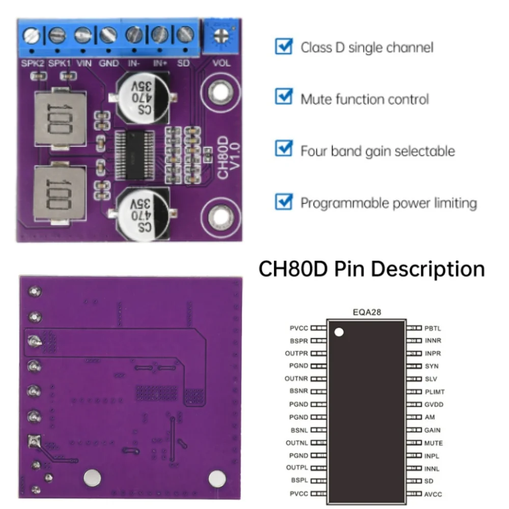 CH80D 80 واط D-class قناة واحدة الصوت ومضخم الصوت وحدة DAC الصوت ستيريو فك وحدة مجلس 5-26 فولت