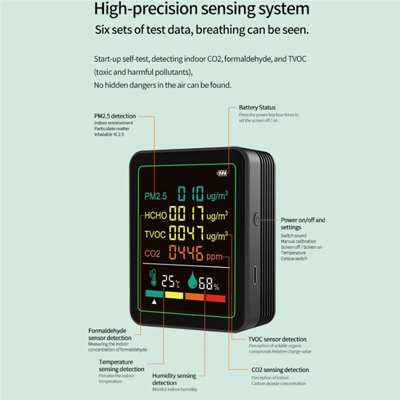 BAAY MT07WT 6-w-1 Monitor Jakości Powietrza Wewnętrznego PM2.5 Domowy HCHO TVOC CO2 Temperatura Wilgotność Przenośny Tester Do Użytku Domowego Wh