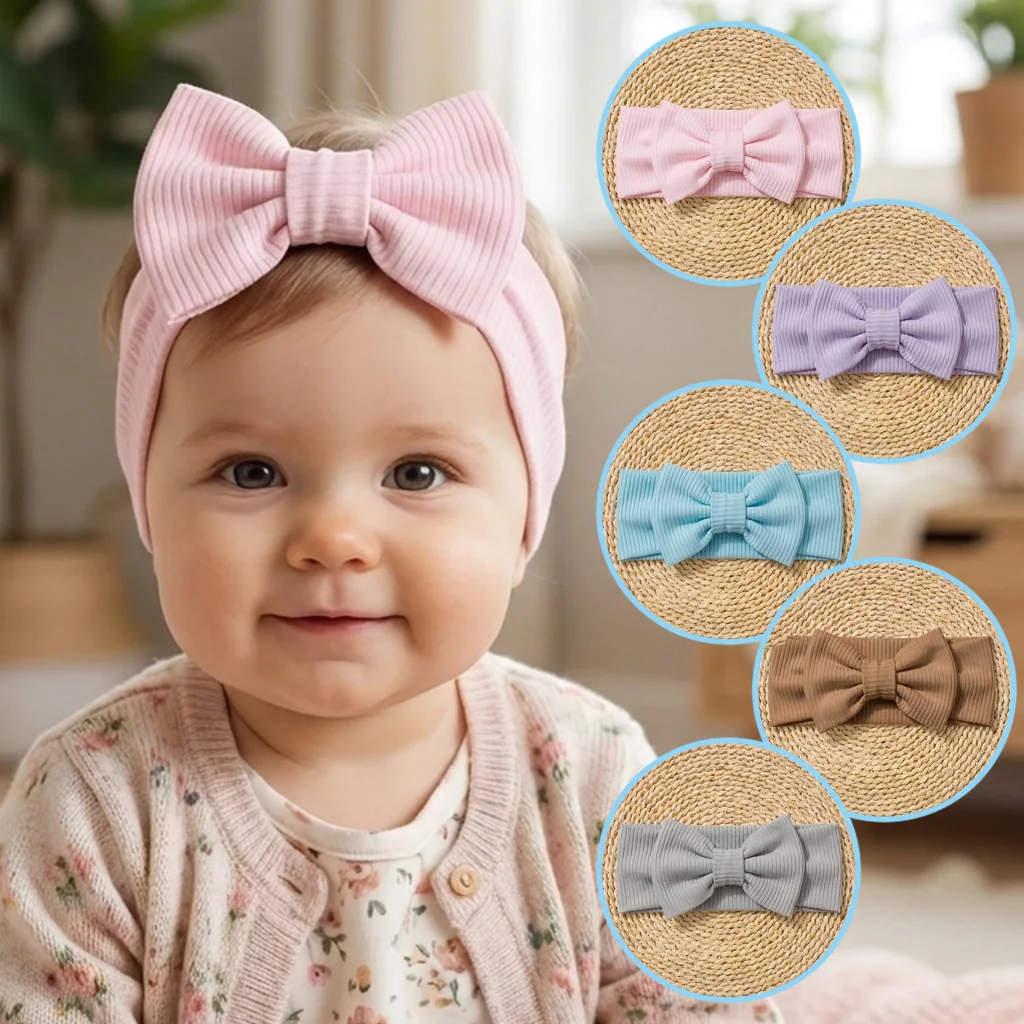 

Neutral Tone Ribbed Texture Bow Baby Wide Headbands Skin Friendly Stretch Hair Accessory For Infant Girls Casual Daily Wear