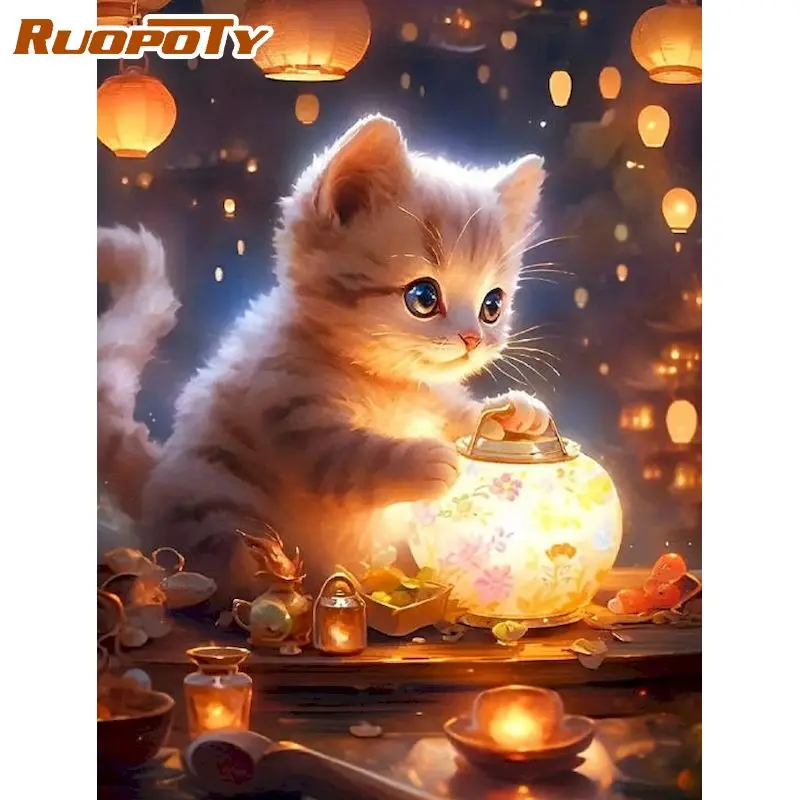 

RUOPOTY Cat Diamond Painting Living Room Decoration Diamond Painting Kits For Beginners Animal Full Round/Square Classic Home De