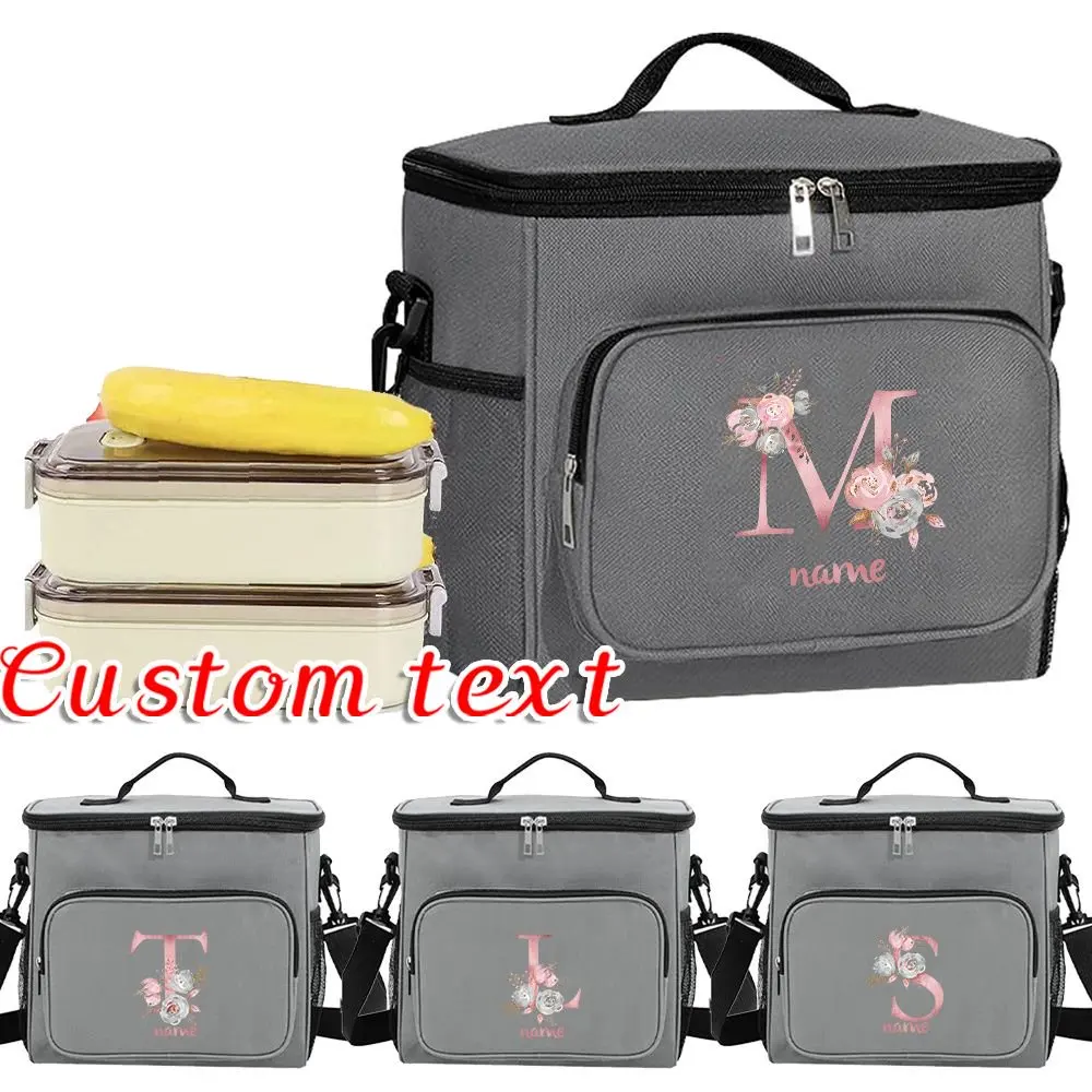 

Customizable Name Grey Lunch Bag Insulated Handbag Multi functional Picnic Lunch Box Waterproof Lunch Box Pink Letter Series