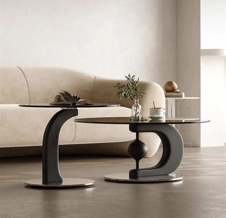 Italian solid wood coffee table combination, round size, living room for home use, stainless steel metal