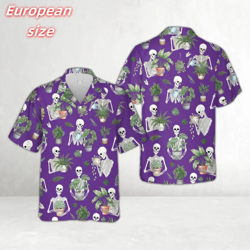 

Skeleton Plants Pattern Hawaiian Shirt For Men Fun Halloween 3D Printed Blouse Summer Short Sleeve Lapel Tops Aloha Shirts