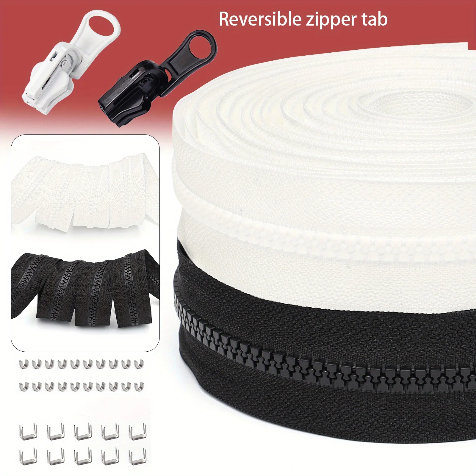 1 Satz, 450 cm (177 Zoll Harzreißverschluss + 10 umklappbare Reißverschlussköpfe + silberner Anschlag. Geeignet zum Nähen zu Hause. DIY-Ersatzreißverschluss