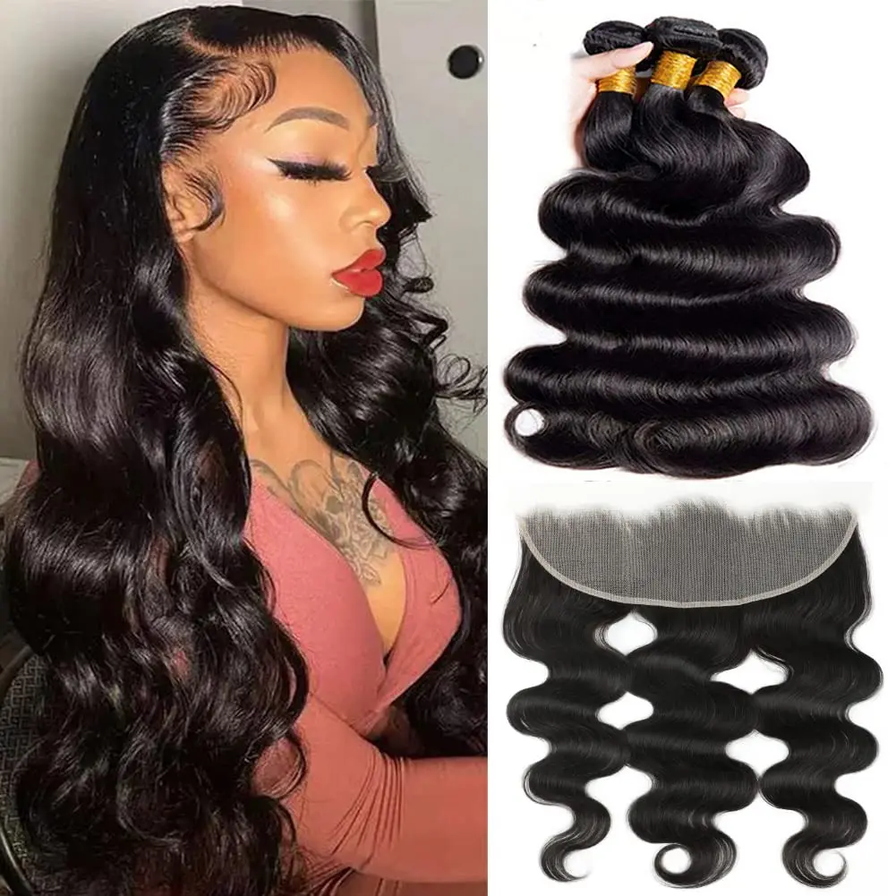 

Human Hair Bundles With Frontal Brazilian Body Wave Bundle With 13x4 Lace Frontal Unprocessed Frontal Pre-Plucked Baby Hair