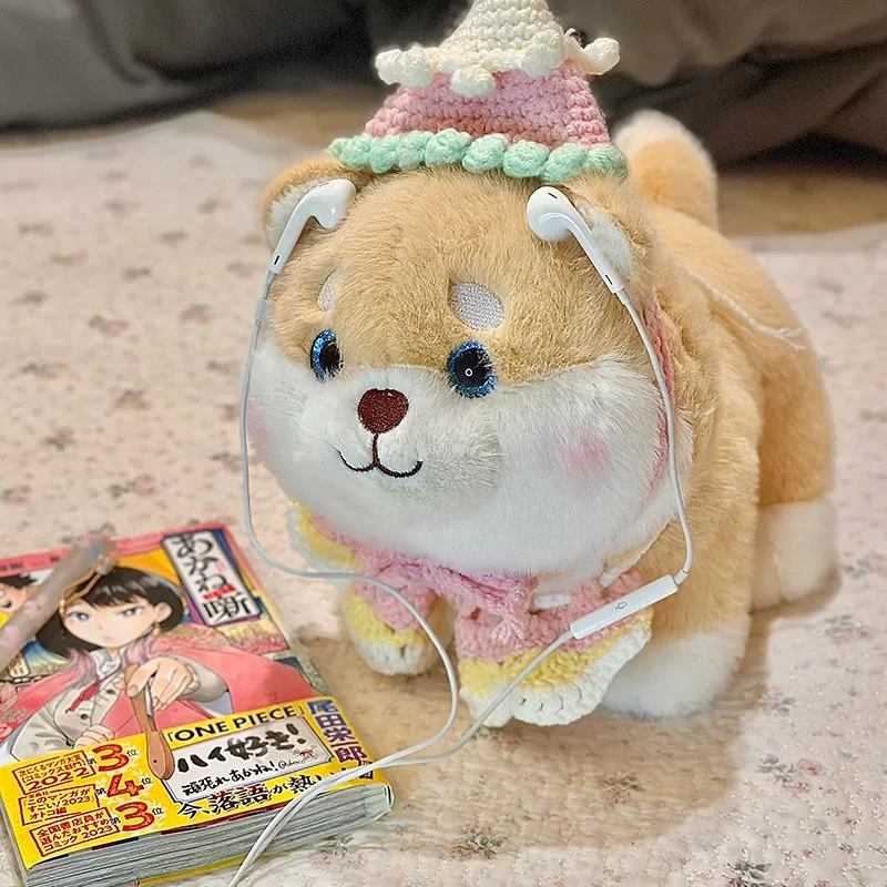 

Kawaii улыбка шляпа Шиба-ину плюшевые игрушки пушистая уютная вязаная шапка шарф кукла-щенок прекрасный подарок на день рождения декор для рабочего стола