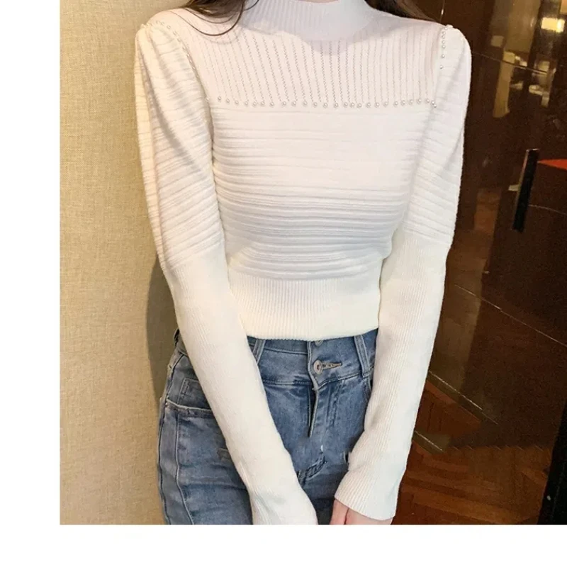 Korean Autumn/Winter New Sweaters Women\'s Mock Neck Solid Embroidered Flares Temperament Slim Long Sleeve Pullovers Knitted Tops