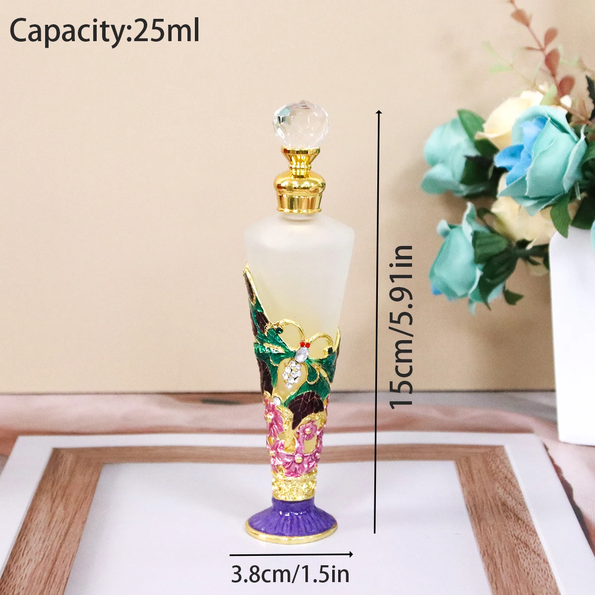 High Quality 25ml Metal Butterfly Flower Empty Glass Perfume Bottle Frosted Essential Oil Refillable Attar Home Bottle 58921