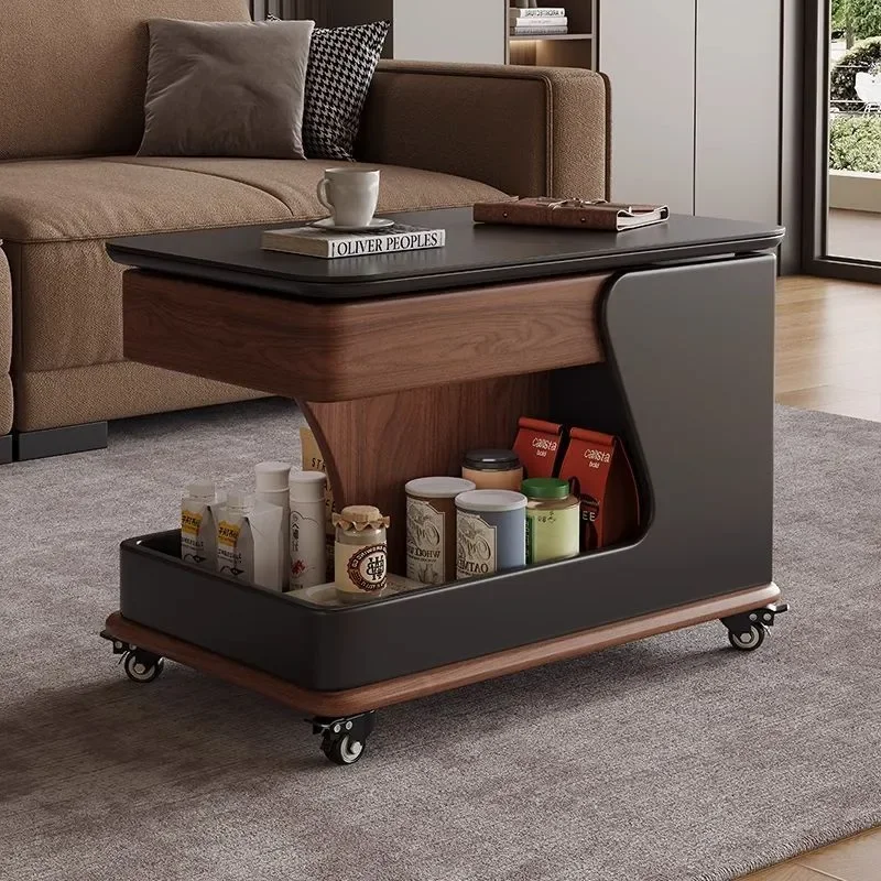 Rock Slab Solid Wood Lifting Coffee Table Multifunctional Movable Side Table for Living Room Sofa Small Apartment