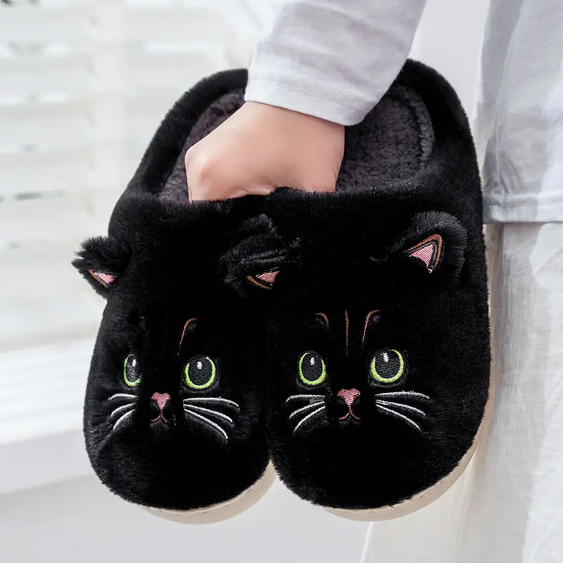 Winter Home Pink Slippers Women Shoes Cute Cartoon Cat Slippers Men Warm Plush Slides Indoor Bedroom Non-Slip Floor Slipper