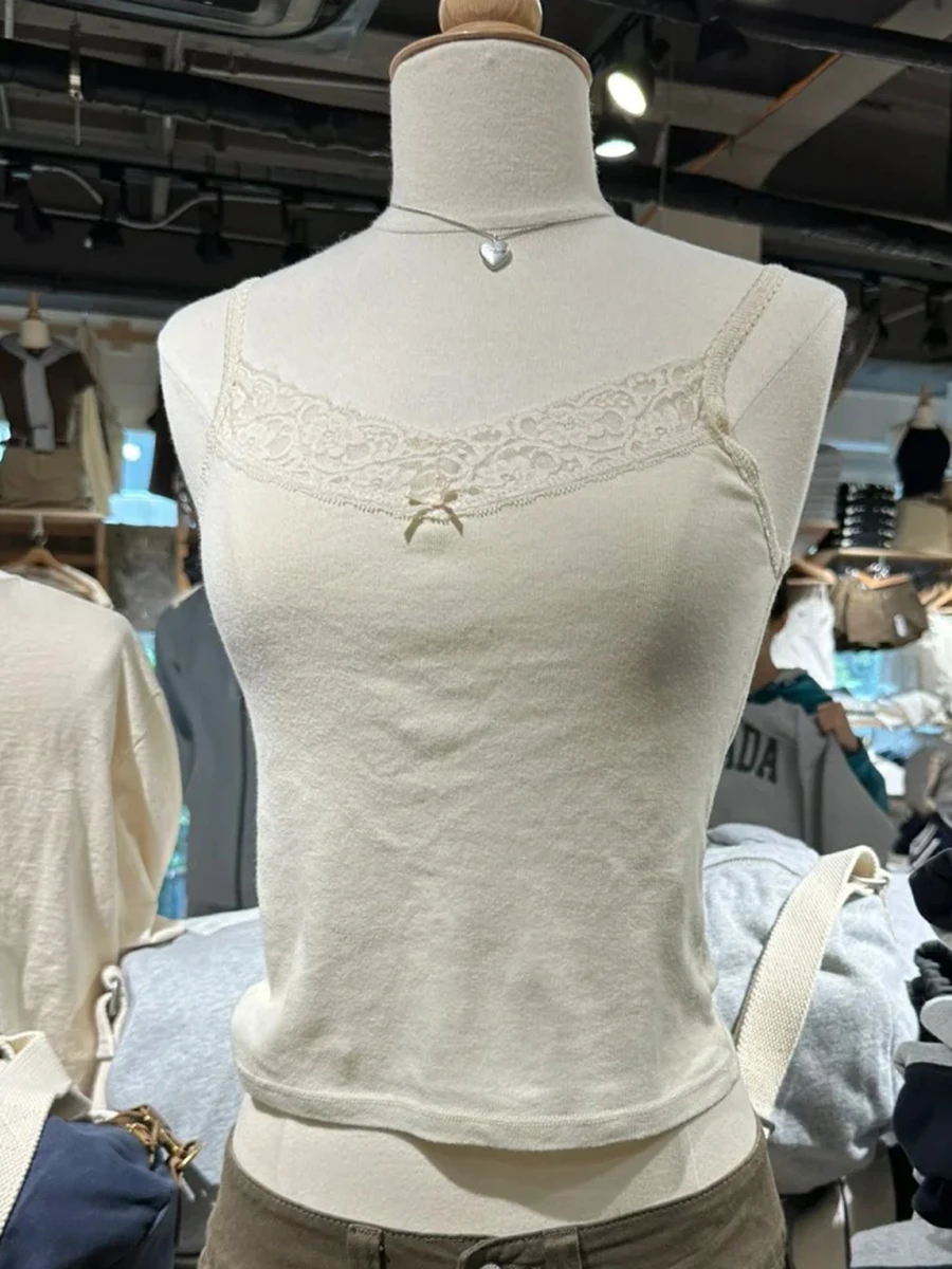 Lace Patchwork Slim Tank Tops Women Summer Solid Simple Cotton Soft Sleeveless Vests Female Vintage Chic Sweet Y2K Camisole