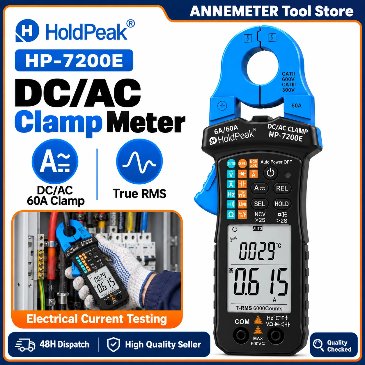 6000 Counts True RMS AC DC Digital Clamp Meter Auto-Select Voltage Resistance 6A 60A Current NCV Live Wire Detection