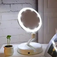 Makeup Mirror With Light White LED Folding Portable Rotating 10x Magnifying Double Side Storage Tabletop Batteries USB Charging