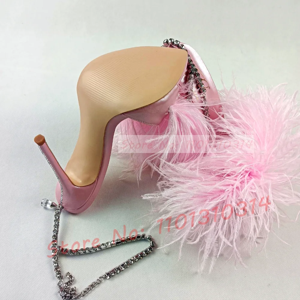 Pink Feather Crystal Wrap Sandals With High Heels Luxury Women Summer Sweet Shiny Shoes Design Ladies Luxury Elegant Sandals