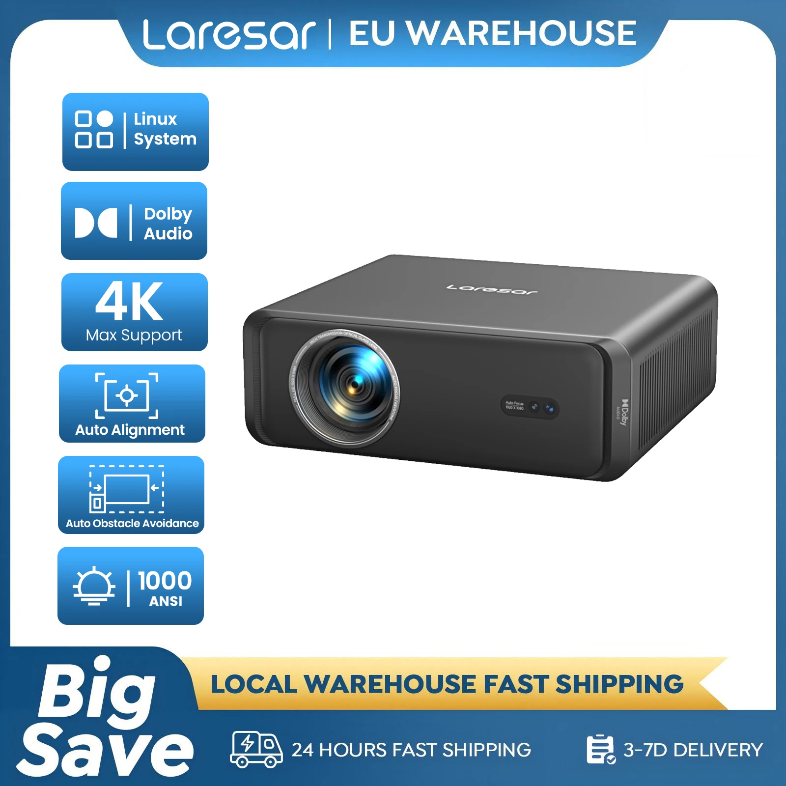 Laresar A1 Netflix Officially Projector 4K 1000ANSI Native 1080P Android TV Auto Focus/Keystone WiFi6 BT5.2 Dolby Home Cinema