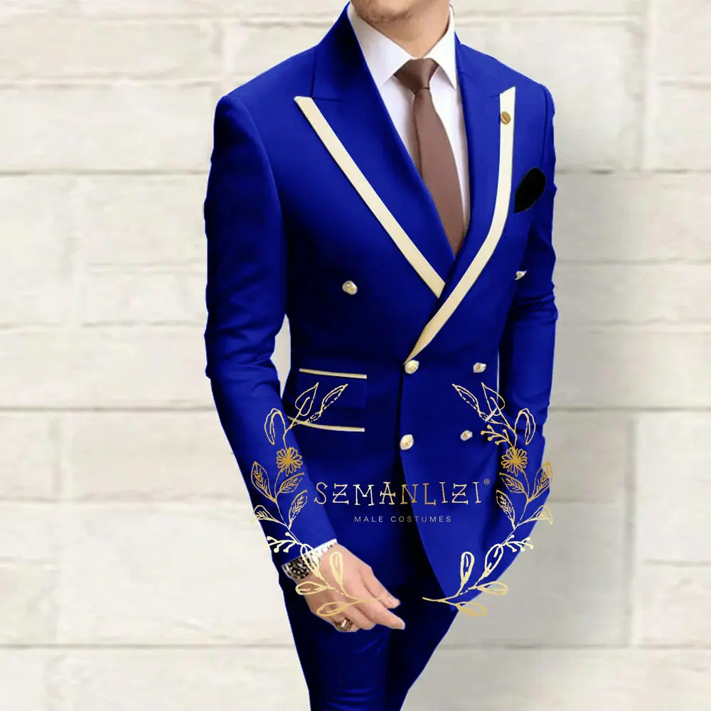 Double Breasted Men\'s Suits Navy Blue Peaked Lapel Slim Fit Wedding Groomsmen 2 Piece Sets Jacket Pants Costume Homme