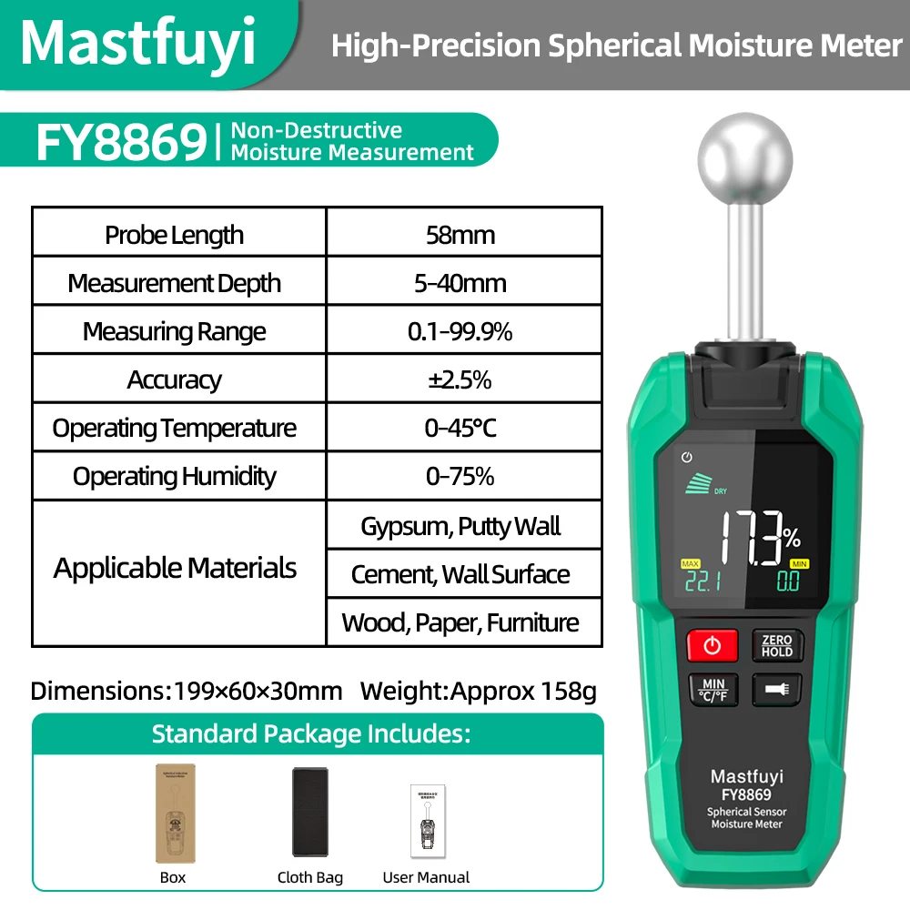 MASTFUYI Pinloze vochtmeter, waterlekzoeker, niet-invasieve balsensor voor hout, gipsplaat, vloeren in huizen en campers