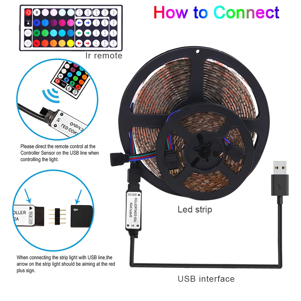 Pasek LED światło RGB 5V USB 5050 2835 pilot 44key zestaw 5m 0.5/1/3/4m taśma LED wakacyjna na ścianę pokój podświetlenie TV wodoodporny